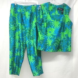 2 Piece Matching Set Capri Tank Top Tropical Palm Print Royal Blue Green Resort